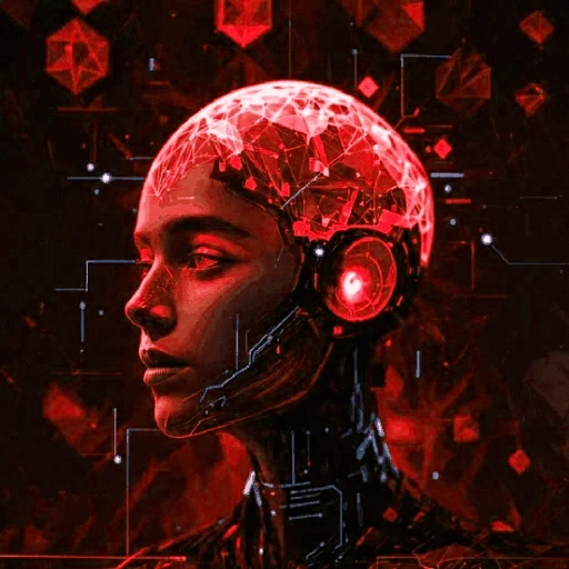 futuristic digital technology illustration with AI neural networks, data visualization, holographic interface elements, modern tech aesthetic, dark theme with blue and red accents, professional quality