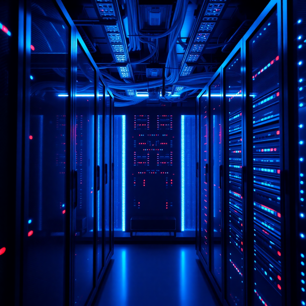 modern server room with glowing blue and red lights, network cables, data center infrastructure, professional hosting environment, futuristic tech aesthetic