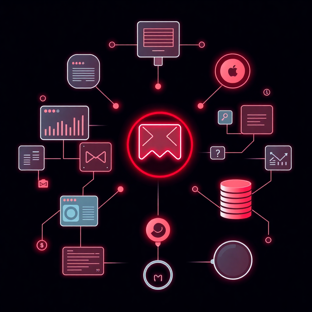 animated gif illustration showing data collection from multiple sources (news, charts, RSS feeds, databases) converging into a central messaging icon, futuristic AI style with red accents on dark background