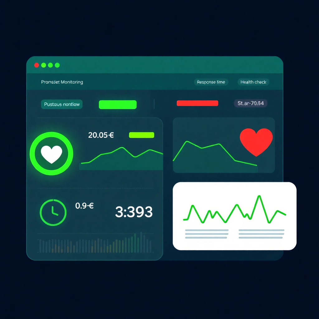 animated gif illustration showing website monitoring with pulsing status indicators, uptime metrics, response time data, and health check pulse animation in green and red colors on dark background