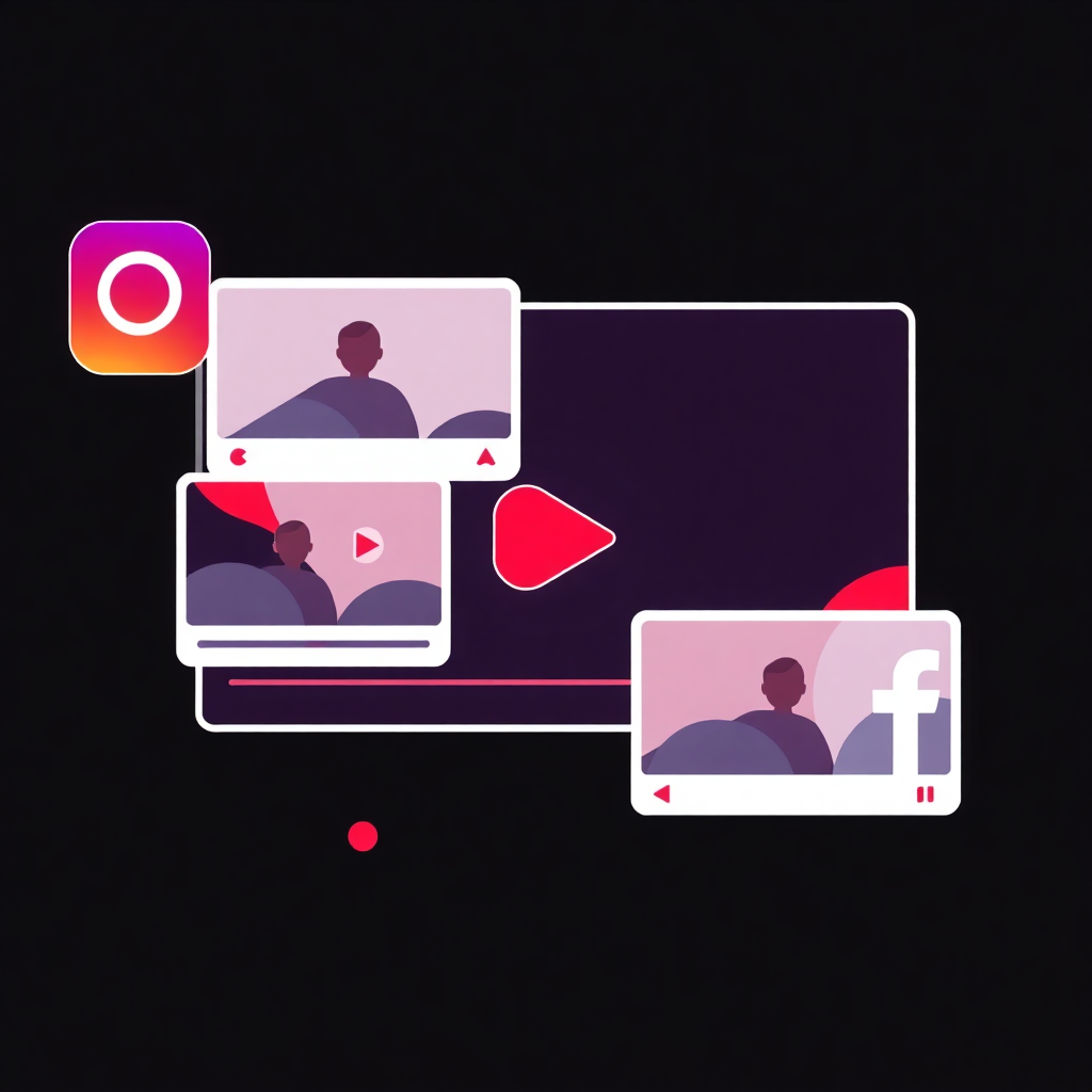 animated gif illustration showing video frames assembling into short-form video content with social media platform icons (Instagram, TikTok, YouTube, Facebook) and play button, red accents on dark background