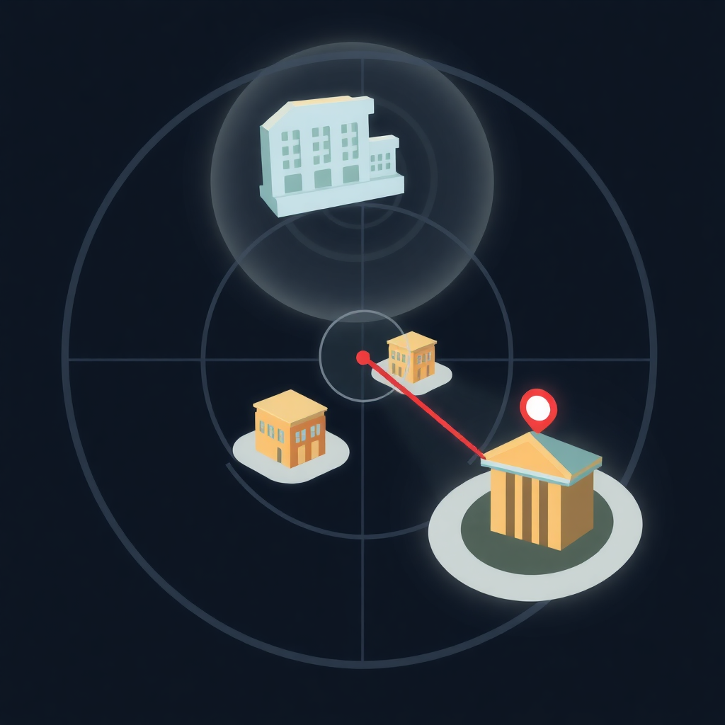 animated gif illustration showing radar scanning animation with competitor icons (buildings, stores, charts, targets) being detected and analyzed, red scanning beam on dark background