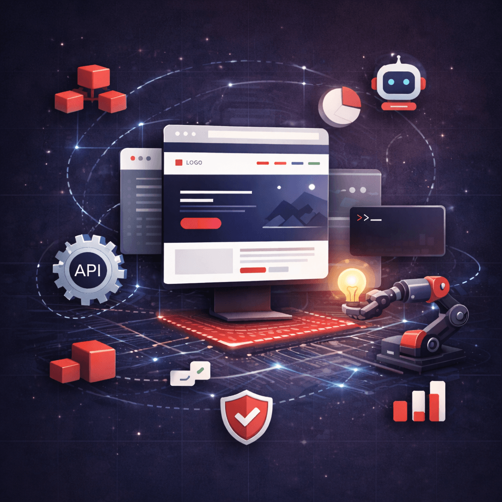 custom web development illustration with code and architecture